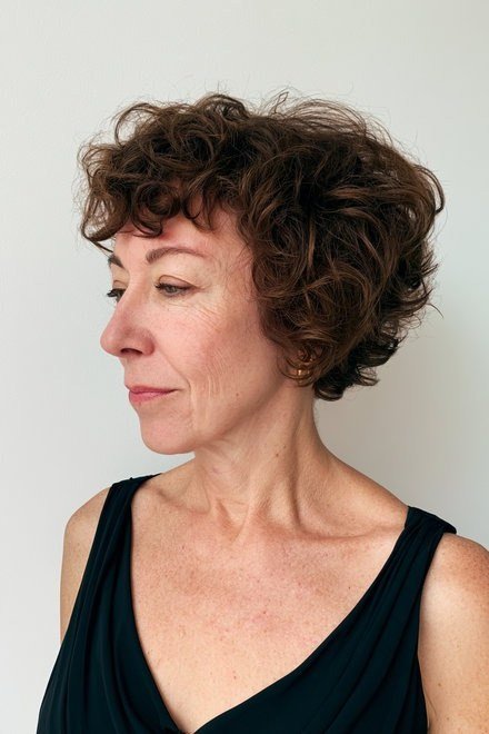 55. Brown Curly Bob - wash and wear hairstyle for older women