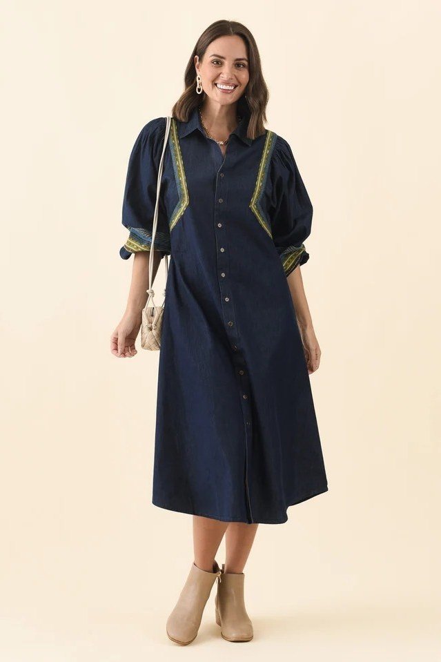 Navy Shirt Dress with Tan Boots, classy outfit for women over 60