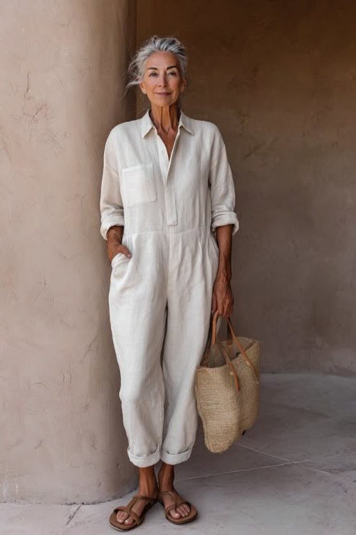 Woman over 50 wearing Beige linen jumpsuit with straw tote against a wall.