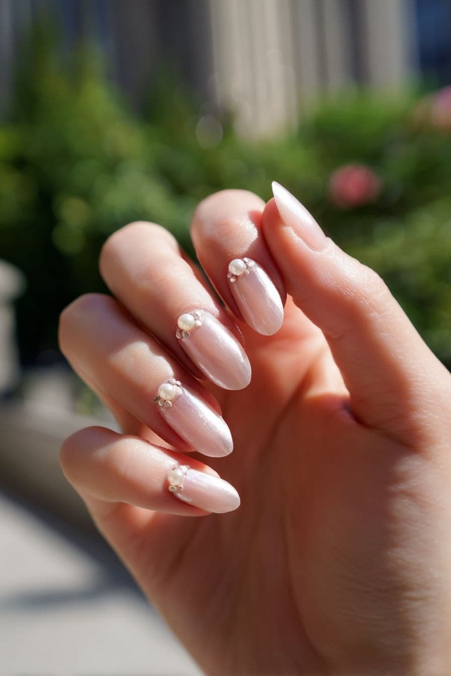 Milky white nails with pearl details