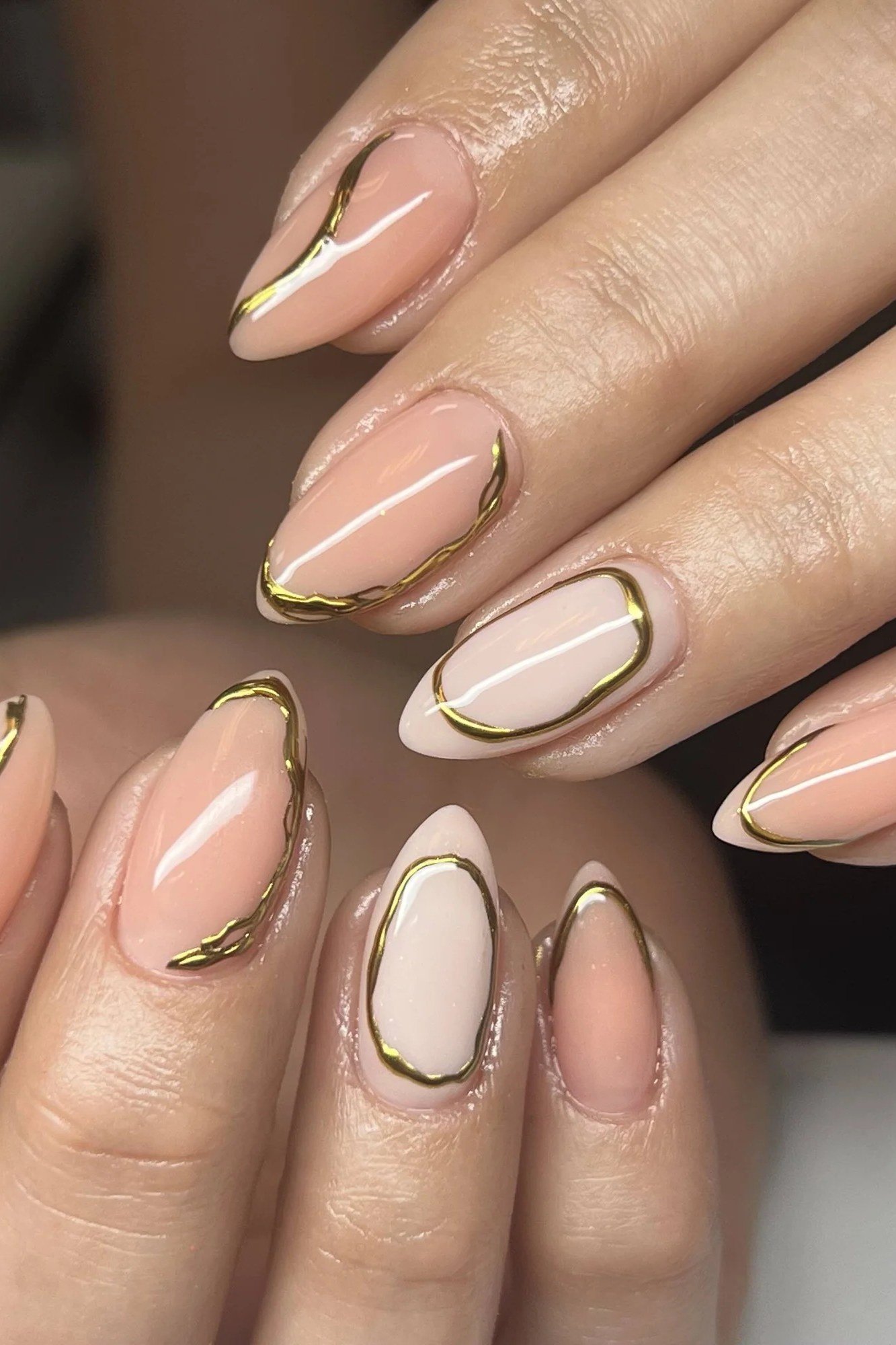 Nude Nails with Gold Outline French - flattering nail polish shade that hides veins for women over 50