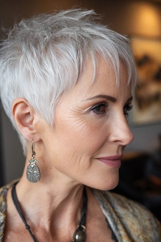 white wispy layered pixie for women over 50 front view