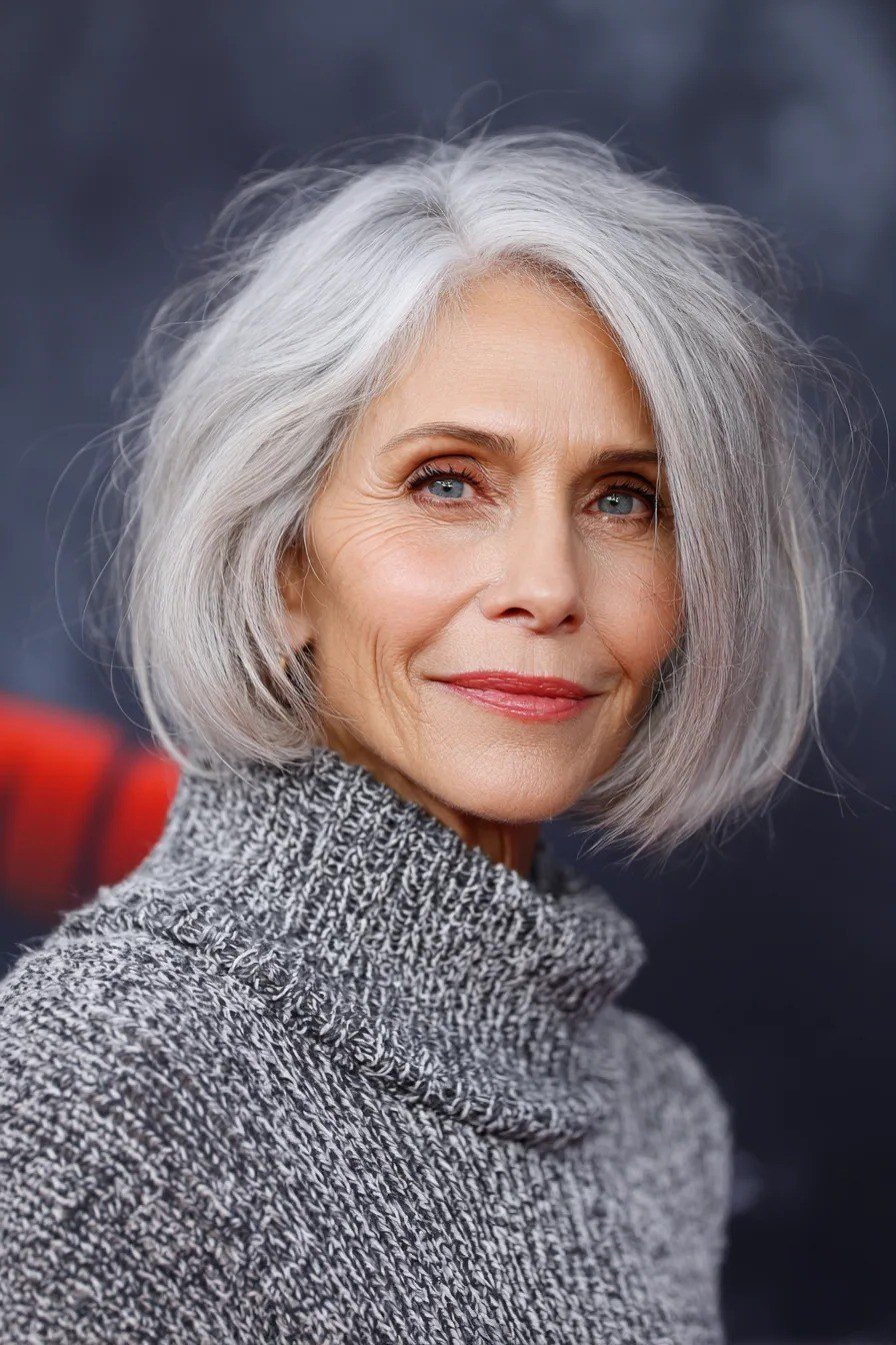 classic chin-length silver-grey bob with soft ends, front view hairstyle for women over 70