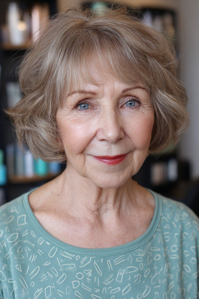 Short white french bob with side-swept fringe and glasses