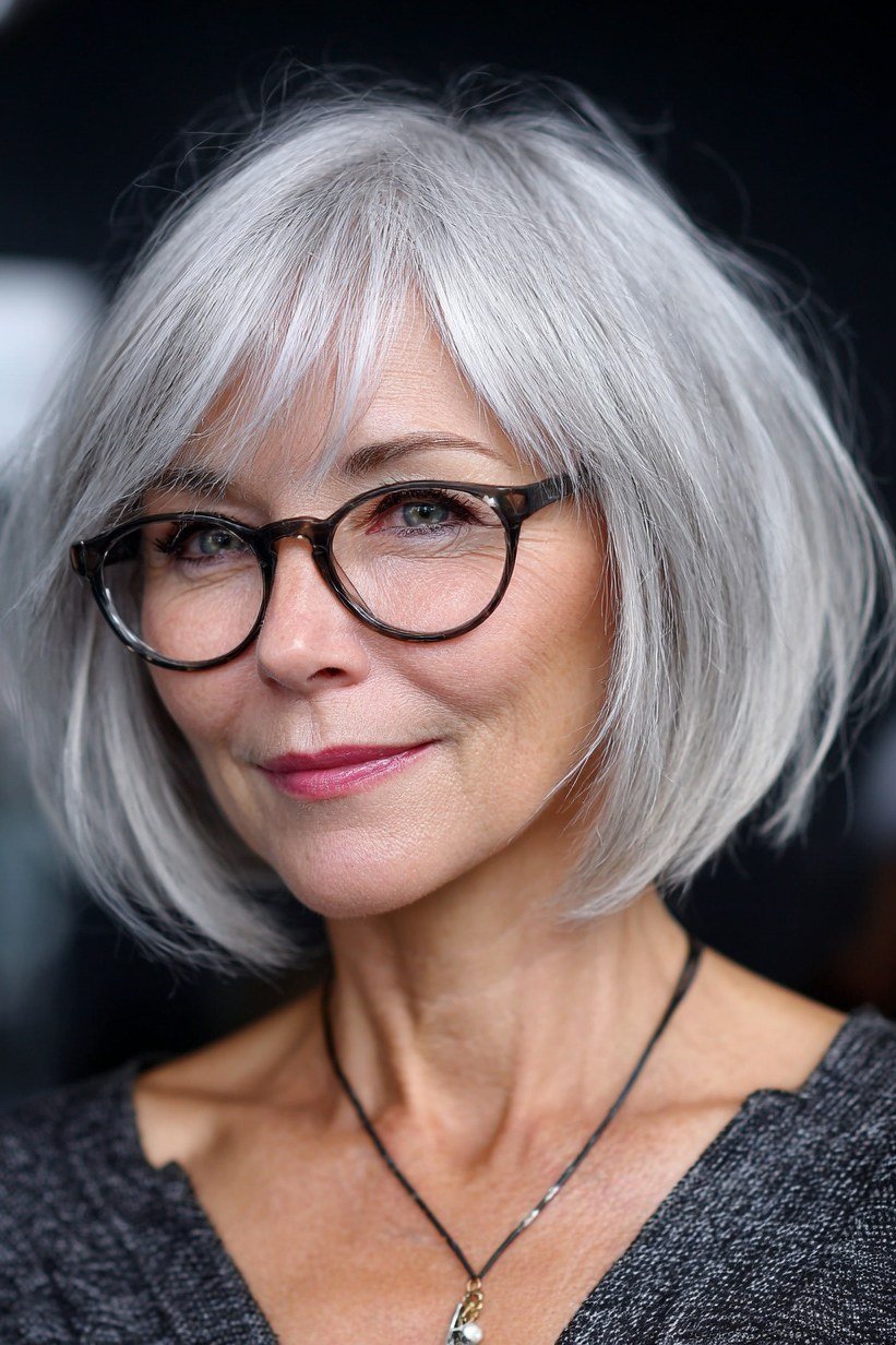 White Bob with Glasses - grey shoulder length hairstyle for women over 60
