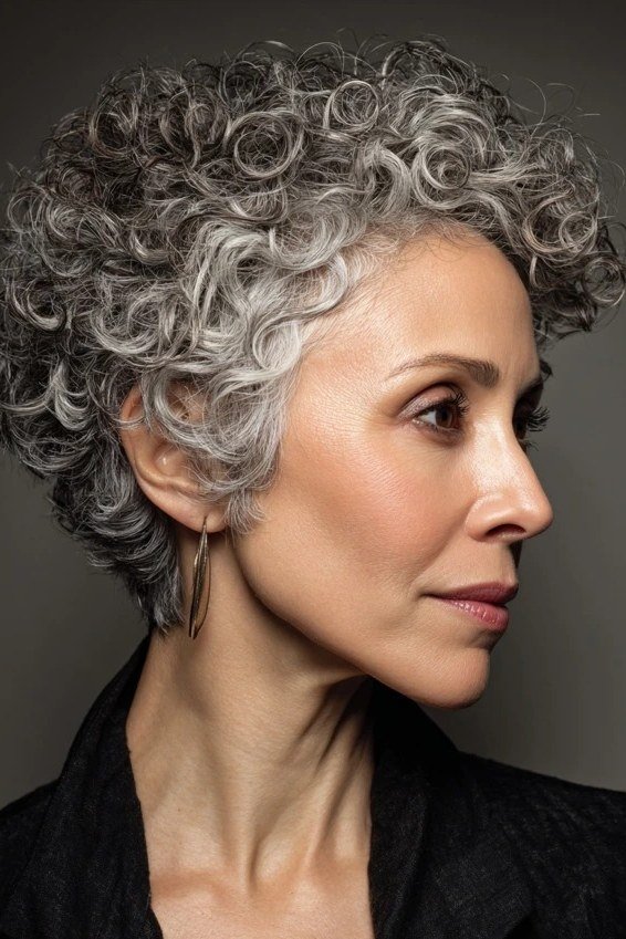 Grey Curly Pixie Side View - short curly hairstyle for women over 60