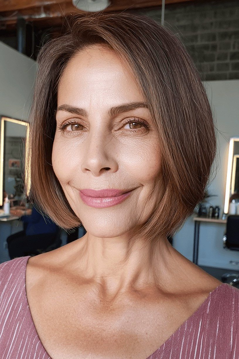 brown sleek bob, front view for women over 50