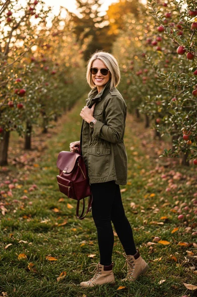 Olive field jacket with black leggings, tan ankle boots, and a burgundy backpack, outdoor weekend outfit for women over 40