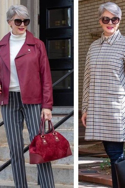 Red moto jacket and houndstooth tunic outfit ideas for women over 50