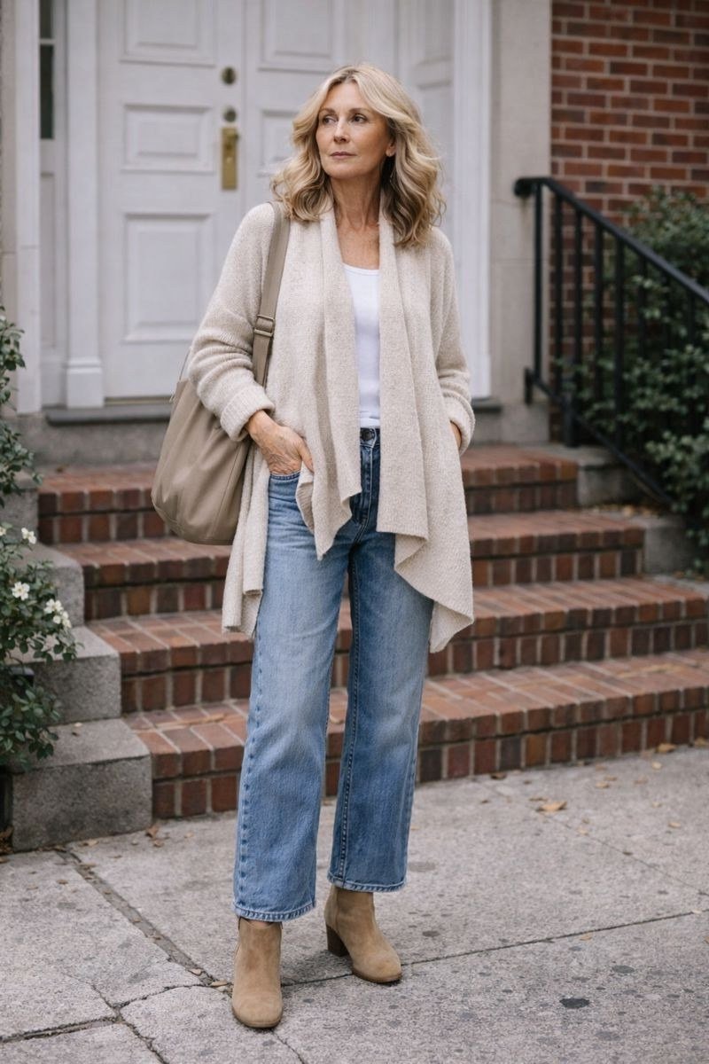 Casual fall outfit for women over 60: grey sweater dress, knee high boots, camel scarf