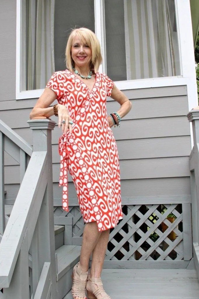 coral ikat knit midi for women over 60