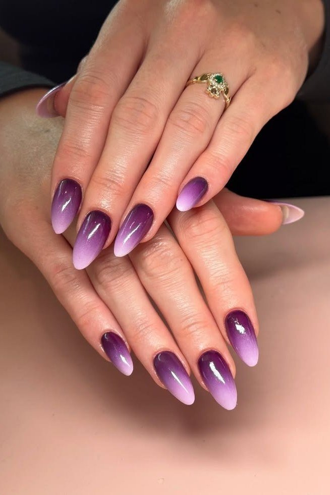 Purple ombre on mature hands, medium nails, ombre nail design for women over 60
