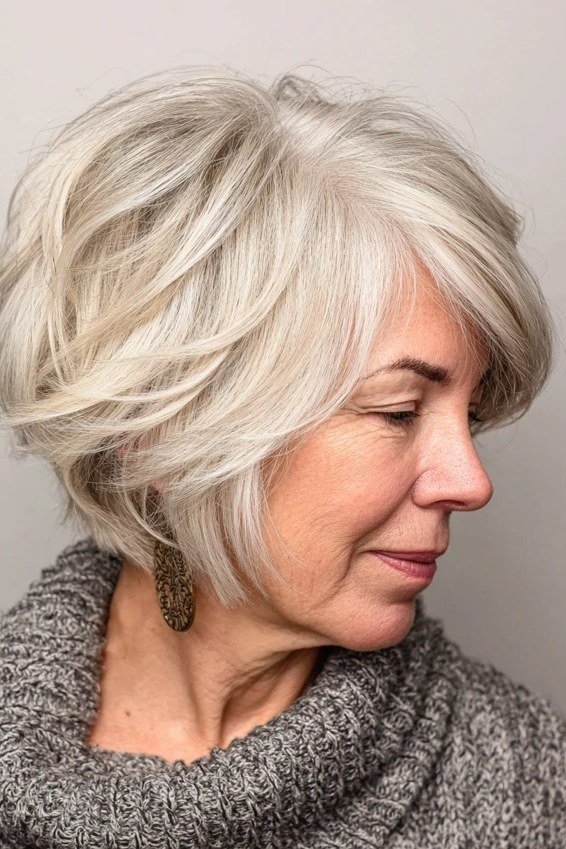 Airy White Layered Bob, chic bob haircut for women over 50