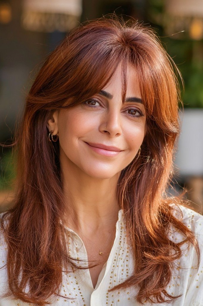 Glossy copper-red long layers with polished sleek length for women over 40
