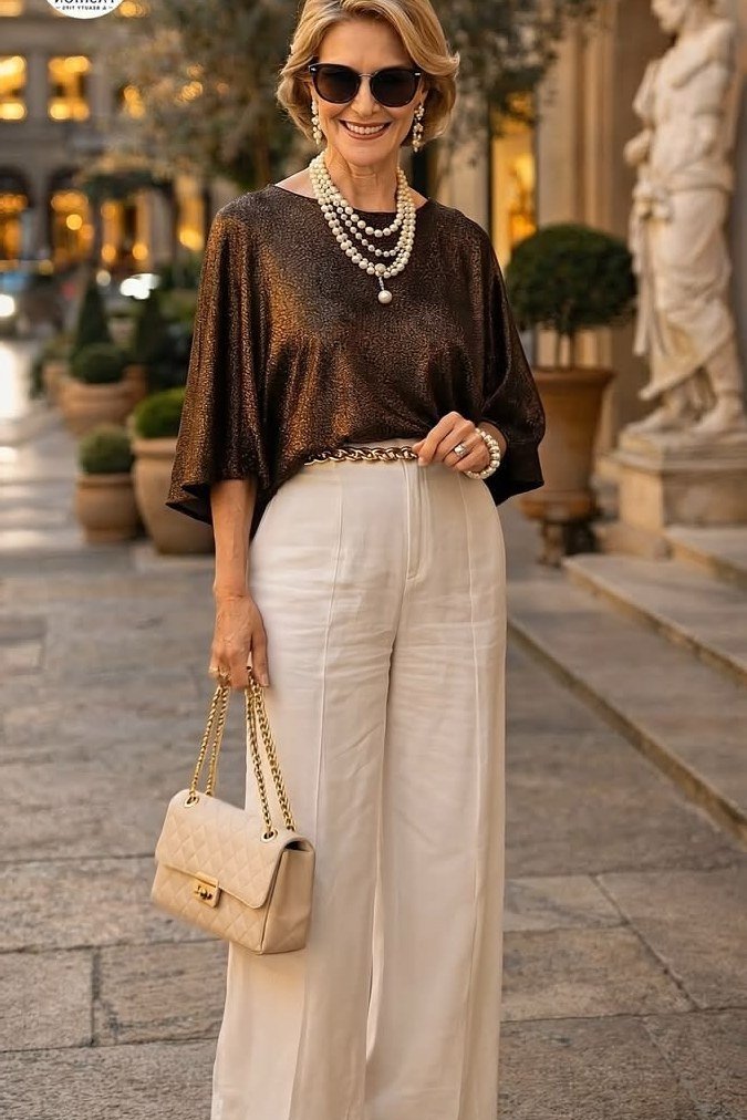 Bronze Satin Top with Cream Palazzo Trousers - evening outfit for women over 60
