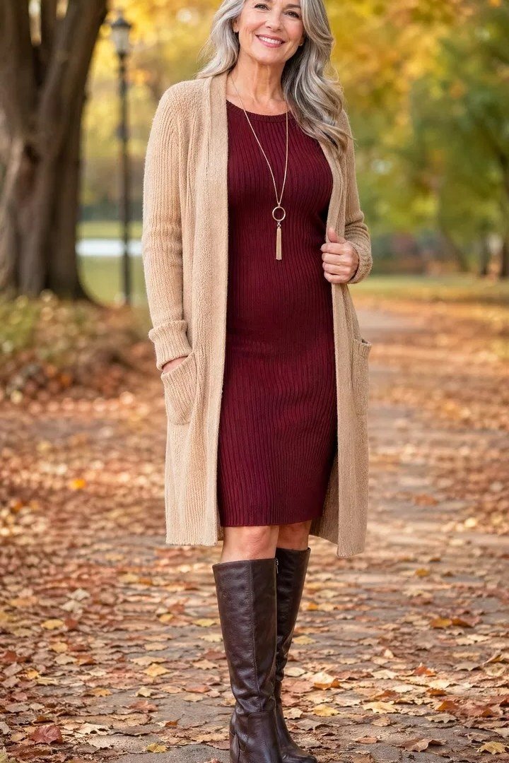Burgundy midi dress with tan long cardigan and brown knee boots on autumn path