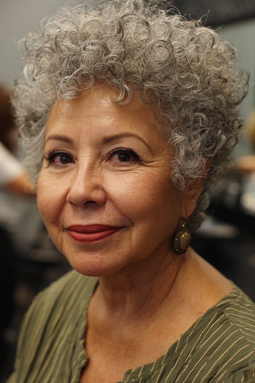 Everyday salt-and-pepper curly crop for women over 50