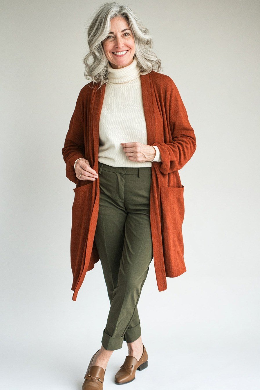 Rust cardigan with cream turtleneck and olive trousers