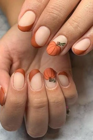 Nude rust french pumpkin nails, fall nail design for women over 60