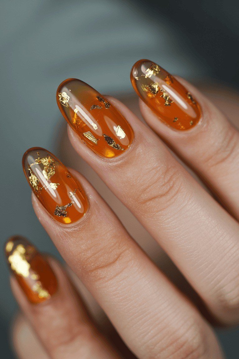 Amber jelly gel nails with gold foil inside, translucent glowing fall manicure