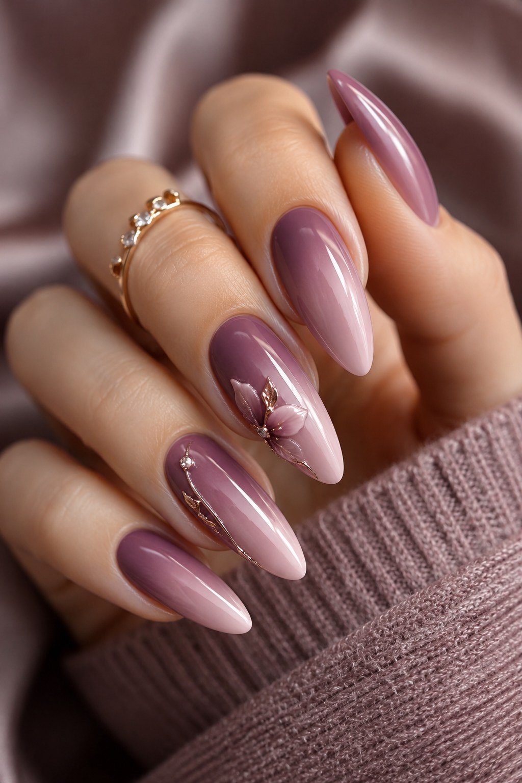 Mauve Ombre Almond Nails with a Floral Accent, elegant mauve nail idea for women over 60