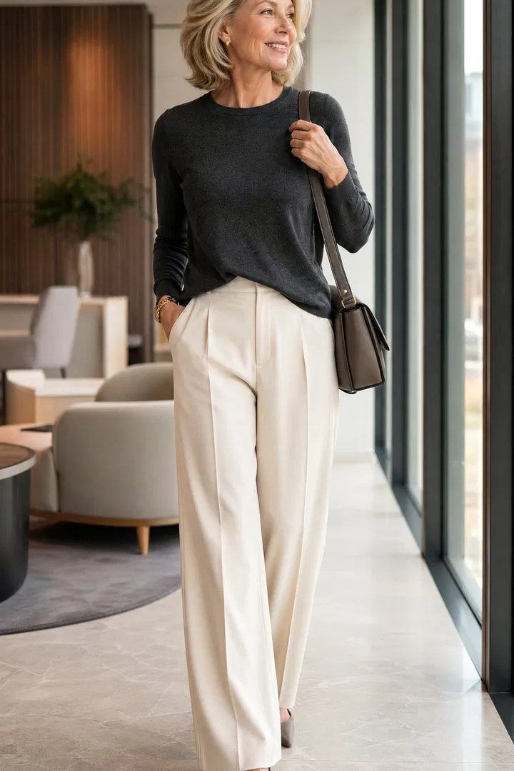 Woman over 50 in a charcoal sweater with cream wide leg trousers