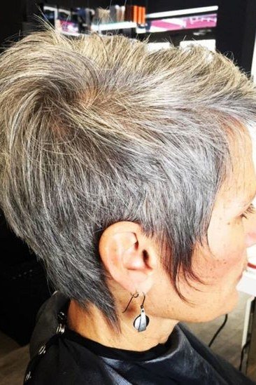Gray pixie with tapered nape for women over 70, side view