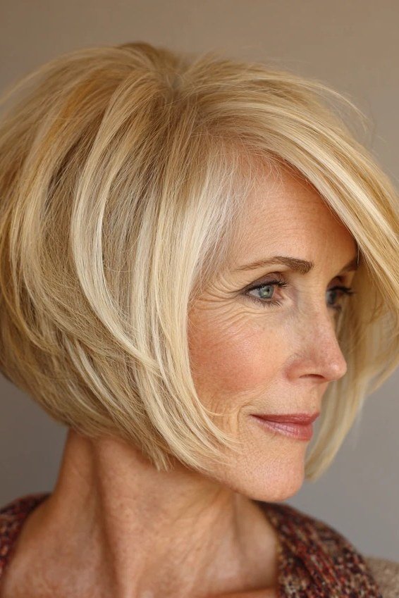 Blonde layered bob with movement - trendy short haircut for older women with fine hair