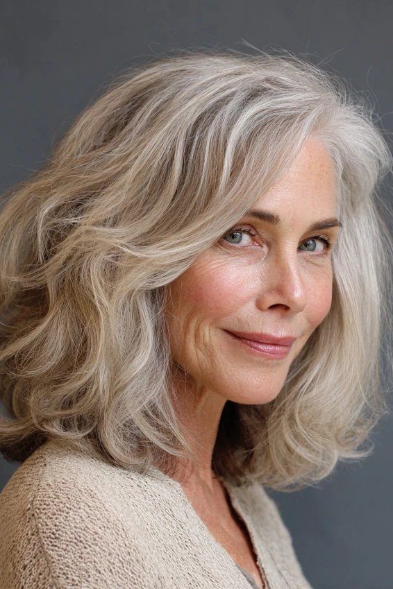 Silver wavy lob, front three-quarter view, woman in her 60s
