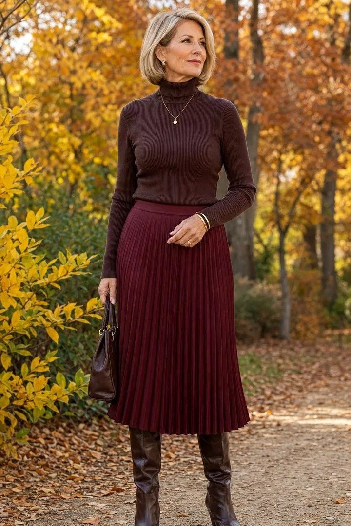 Brown Turtleneck With Burgundy Pleated Skirt - flattering outfit idea for women over 50, how to dress better over 50