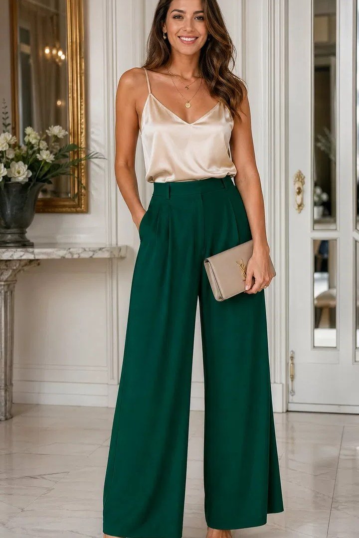 Champagne camisole with emerald wide leg pants, evening outfit for women over 40