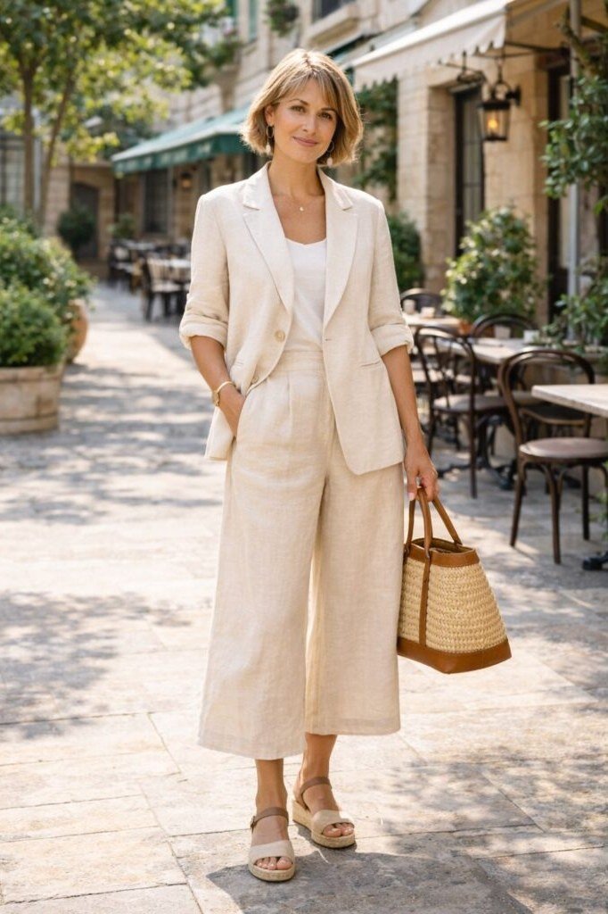Cream blazer with white top and culottes, woven tote, cafe street for women over 60