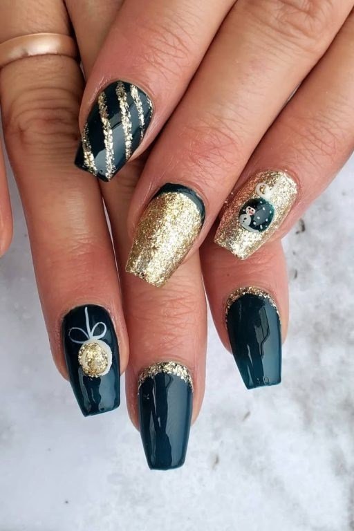 Teal Gold Glitter Stiletto Nails - teal gold glitter stiletto, glitter winter nail design for women over 60