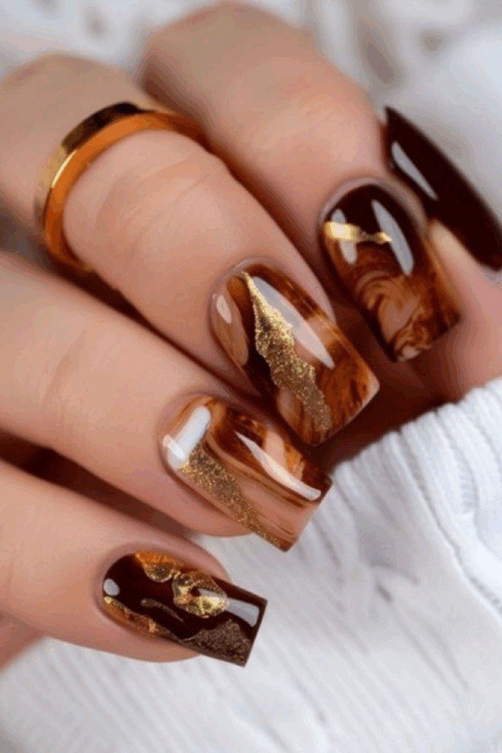 Chocolate Marble Nails with Gold, chocolate brown fall nail design for women over 60