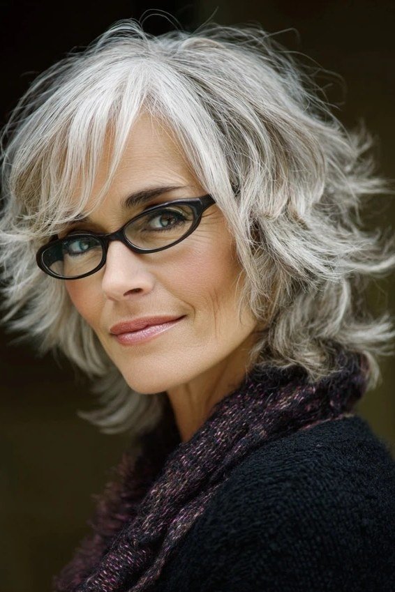wavy silver shag haircut for women over 50, side view