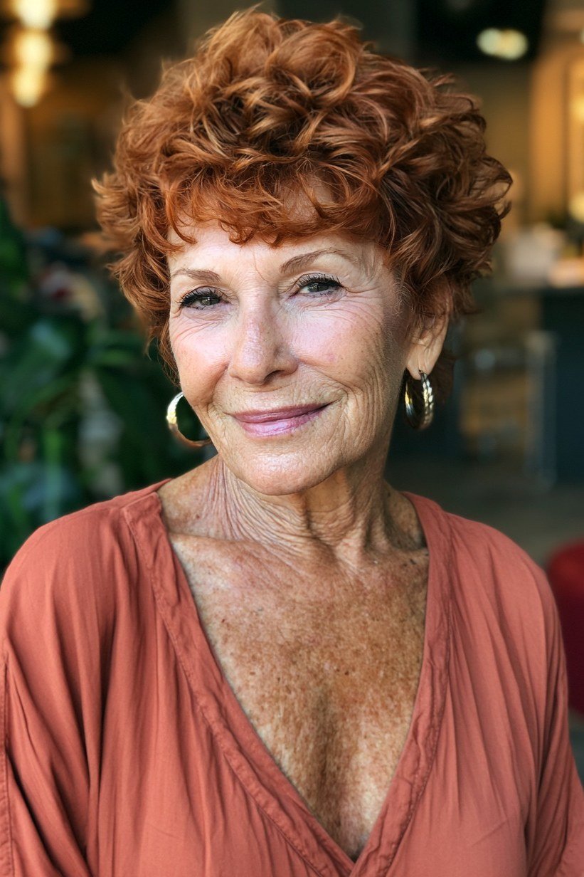 Copper curly bixie haircut front view for women over 60