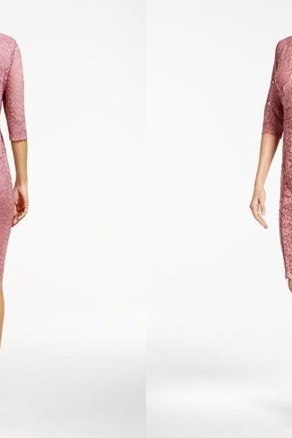 pink lace dress, front and back views, elegant cocktail dress for women over 60