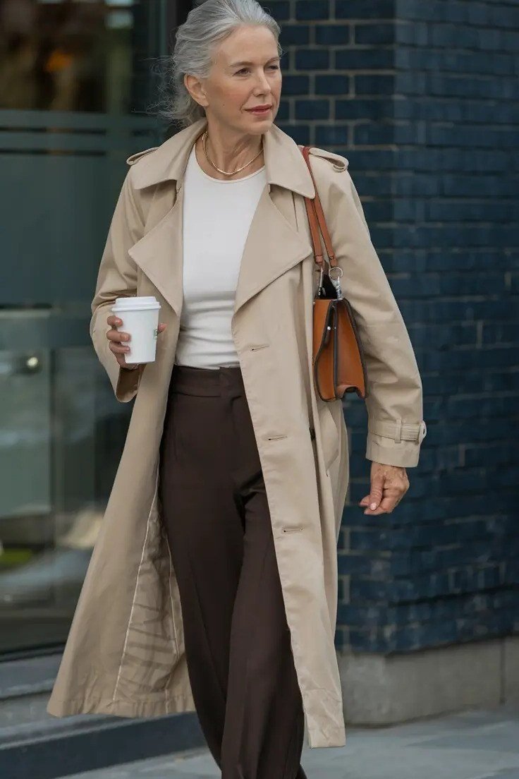 Fall city outfit for women over 50: beige trench white top brown trousers coffee cup