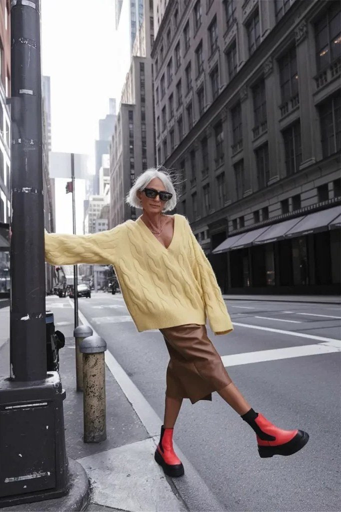 Yellow Sweater with Brown Midi Skirt and Red Boots - chic casual outfit for women over 50