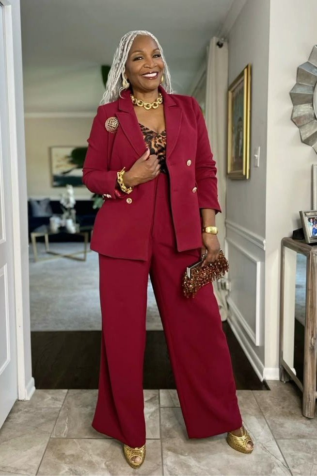 red double breasted blazer suit leopard top leopard clutch gold shoes women over 50