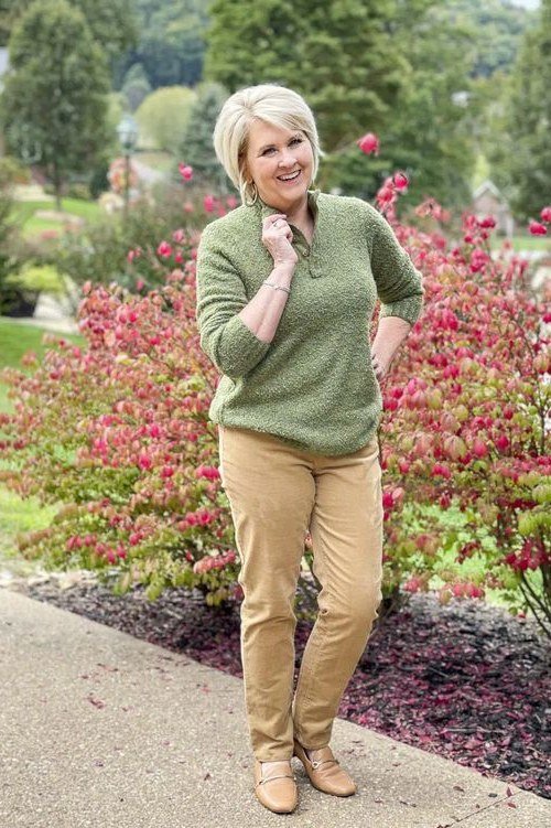 Sage green sweater khaki pants green sweater khaki pants blonde 50s garden - fall outfit idea for women over 40