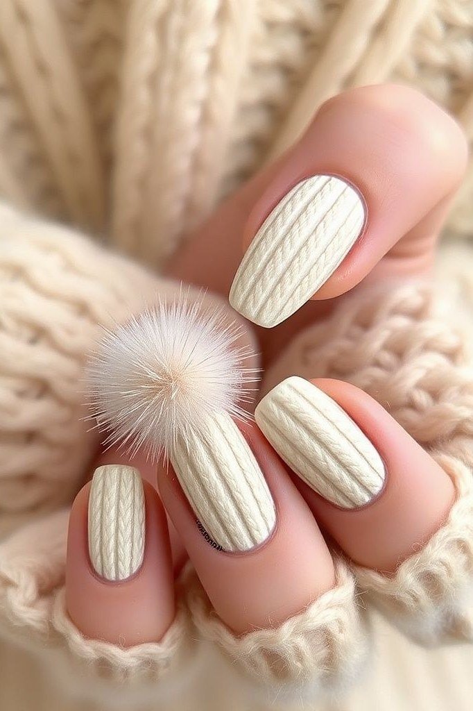 White Cable-Knit Nails With Pom Pom - winter nail trend for older women over 70