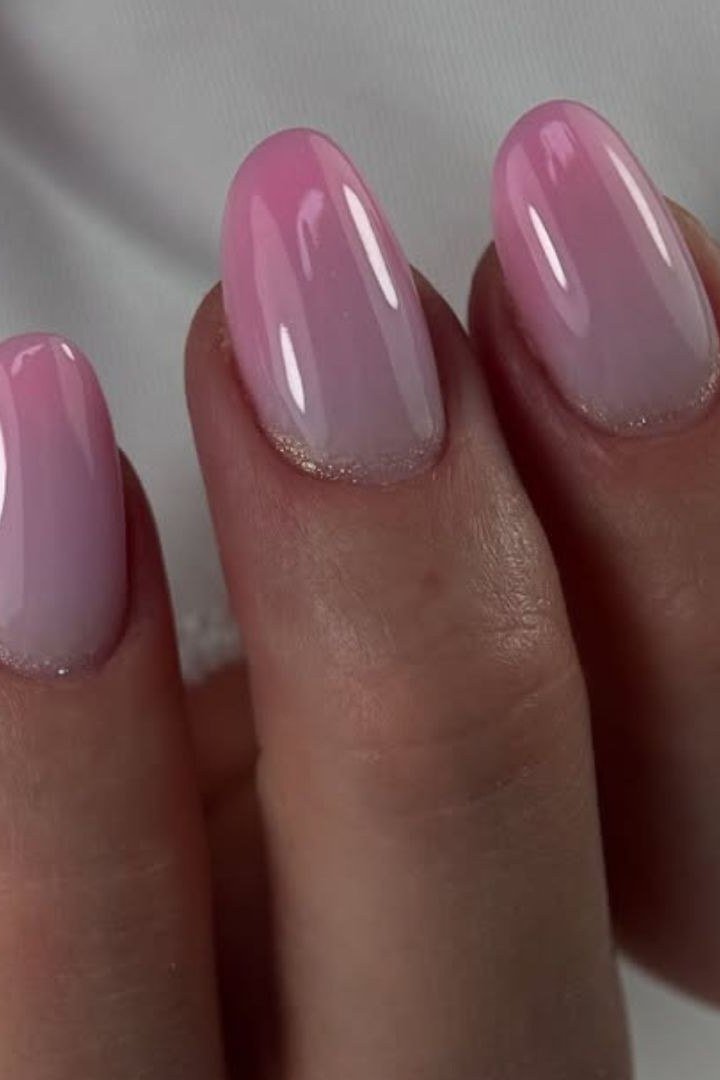 pink white baby boomer fade on medium almond nails