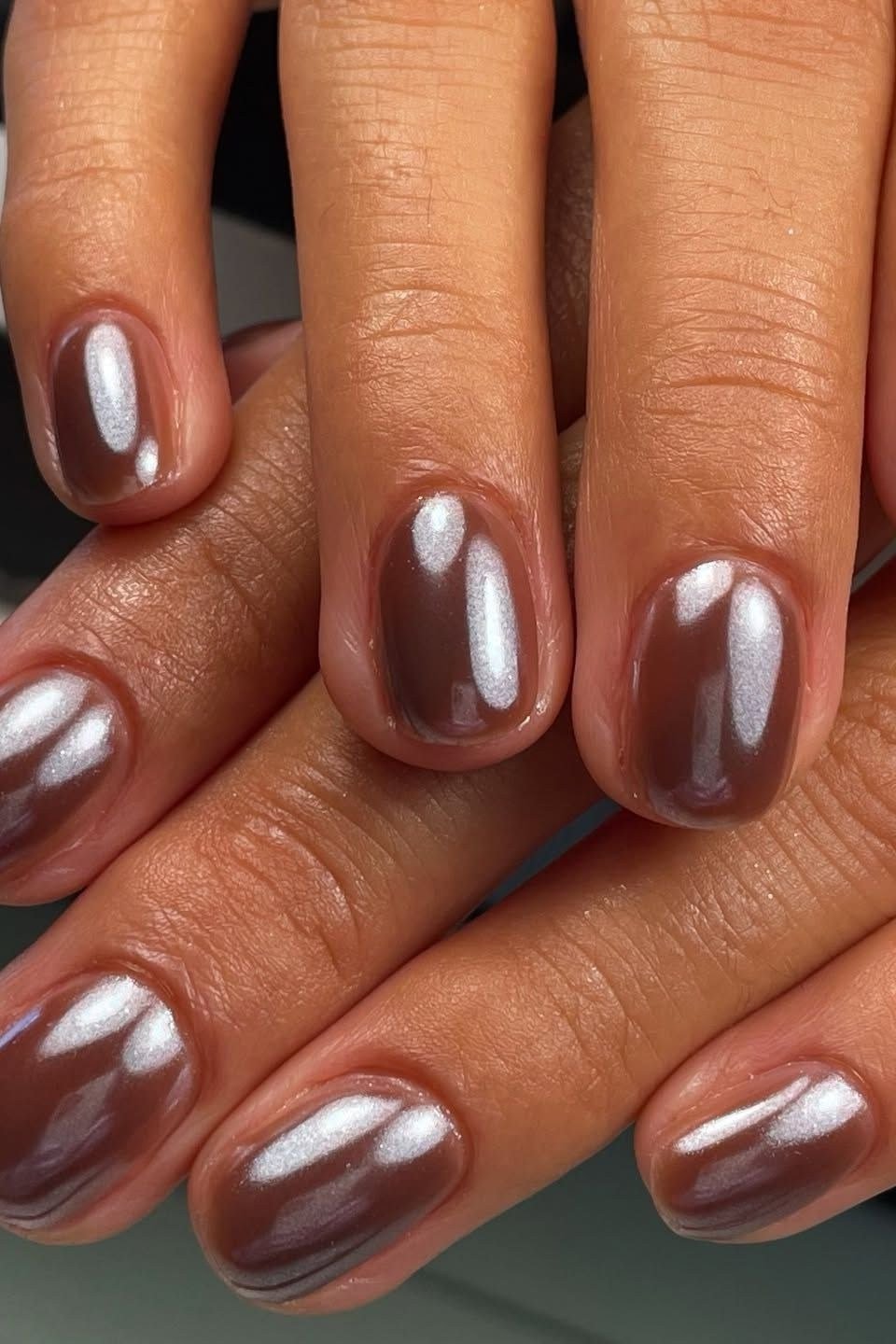 Chocolate Brown Chrome Short Nails - chrome nail designs for women over 60