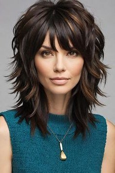 Dark Shaggy Medium Cut with Bangs, medium hairstyle for women over 70