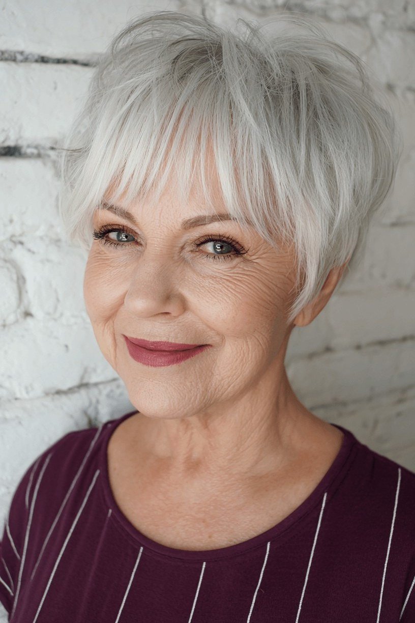 White Pixie with Piece-y Texture - sassy hairstyle for older women