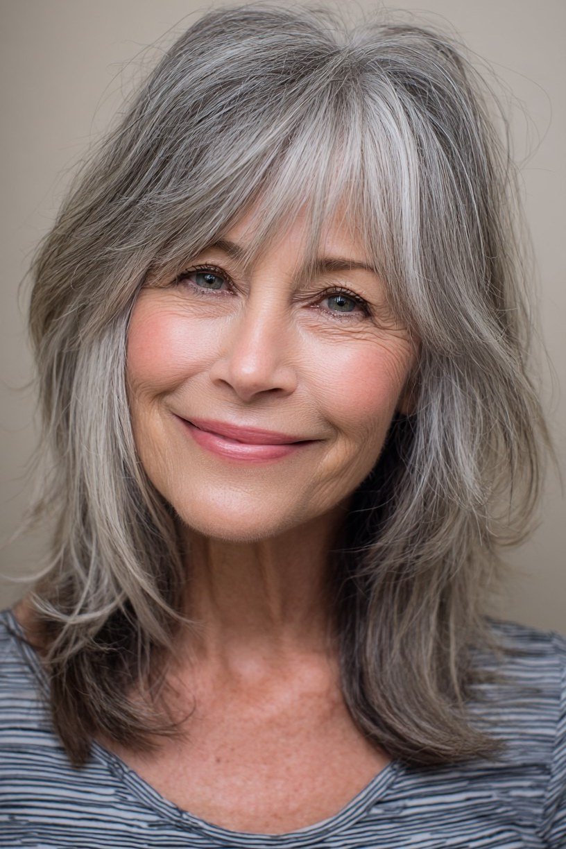 Medium-long gray layered hair with bangs for women over 50