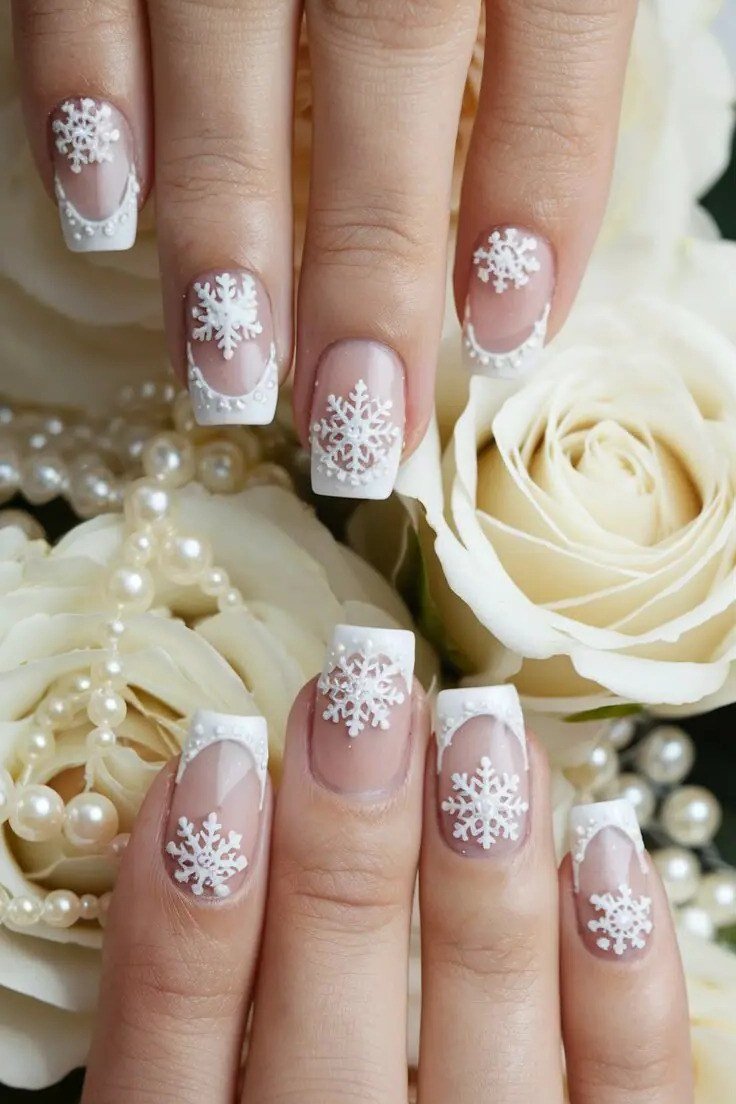 White Long Almond Nails with Silver Snowflakes for women over 60