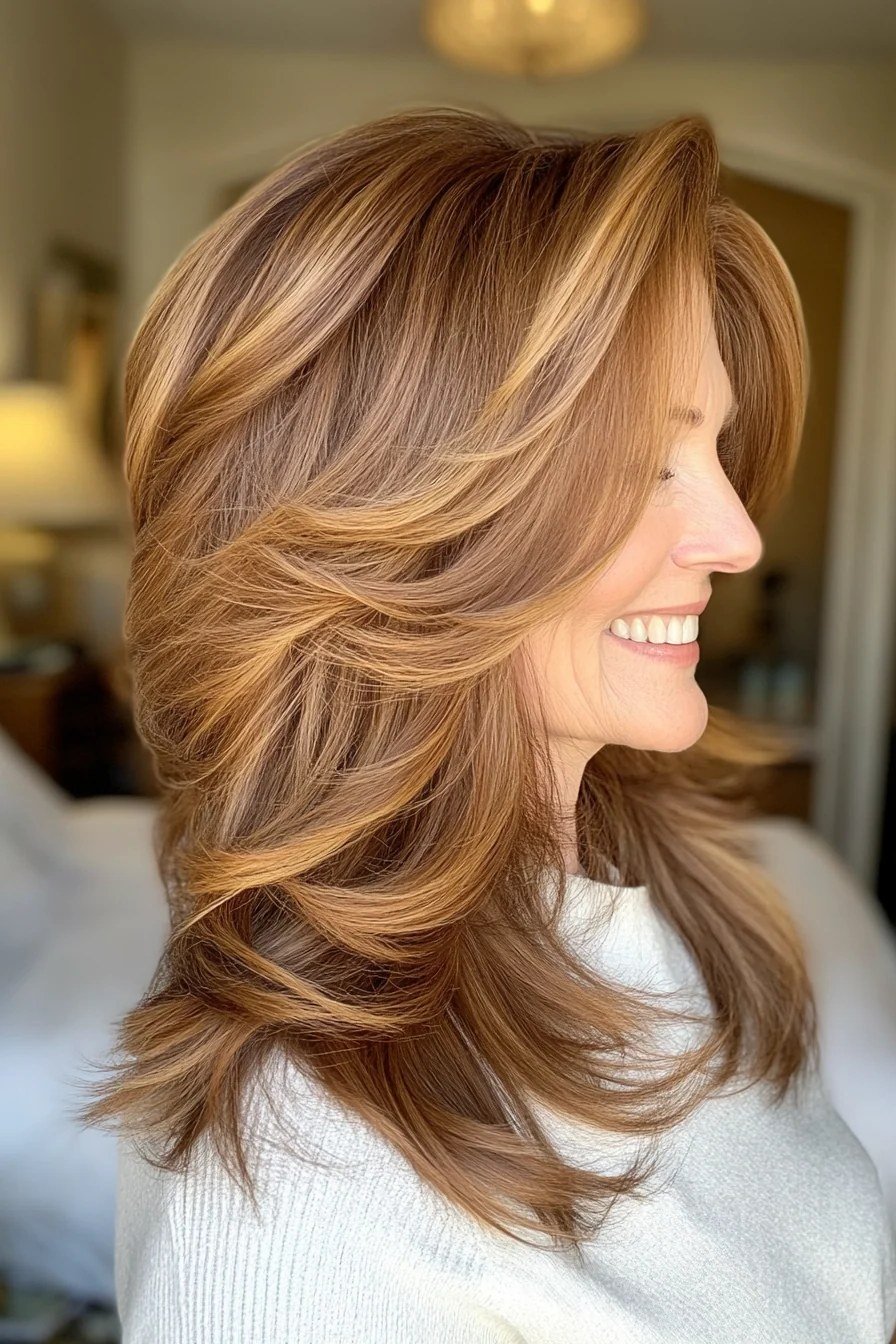 Smiling Copper Layered Lob - layered lob hairstyle for women over 60