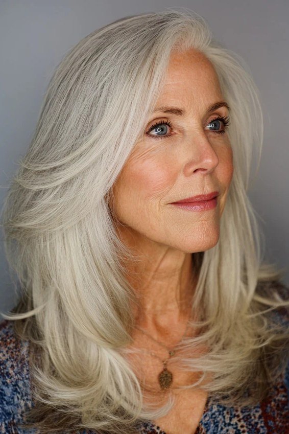 Long Silver-Grey Butterfly Cut - butterfly cut hairstyle for women over 60